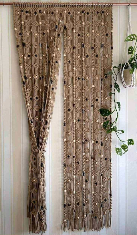 پرده مکرومه پرکار مهره دار نسکافه ای رنگ و سایز بدلخواه قابل سفارش کد سفارش 101
